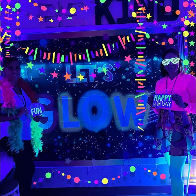 96ft UV Neon Paper Garland Round dot Star Rectangle kit Neon Decor Banners for Glow Party Supplies, UV Reactive Glow in The Dark Streamers for Birthday neon Party Decorations Black Party Supplies…