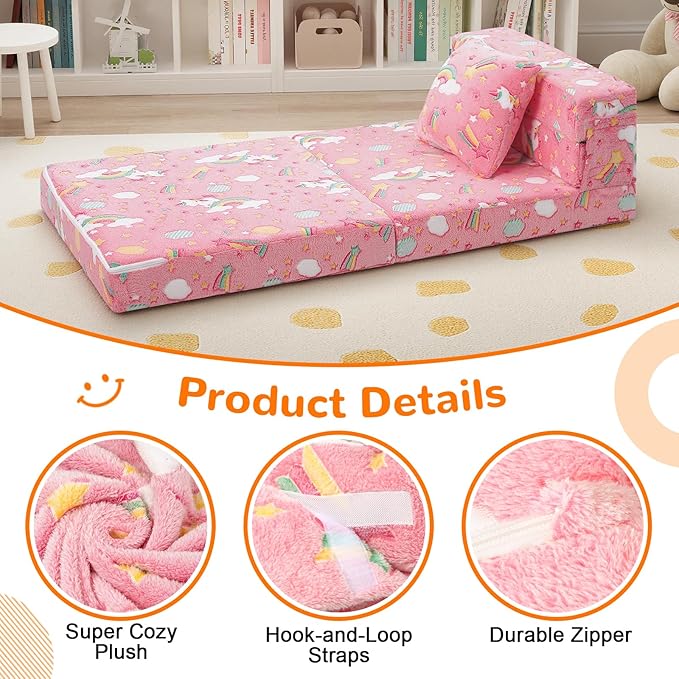 MeMoreCool Glow Tri-fold Sofa Bed for Kids, Folding Futon Mattress and Chair, Foldable Floor Couch for Playroom and Trifold Mattress for Sitting