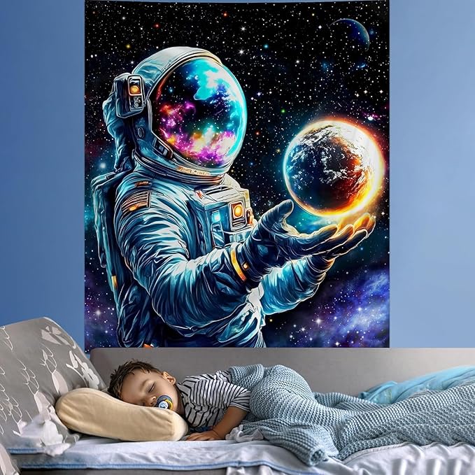 Apdidl Astronaut Space Decor Tapestry for Bedroom, Cool Posters Galaxy Planet Wall Hanging, Fantasy Outer Space Wall Tapestries Men, Funny Art Poster Aesthetic for Boys Guys Gamer Living Room 60" X 79"