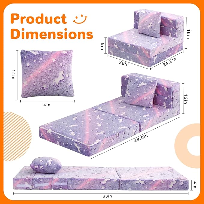 MeMoreCool Foldable Futon Chair Bed for Kids, Glow Tri-Fold Sofa Bed Convertible Toddler Sofa Mattress, Foam Floor Couch for Sitting, Purple