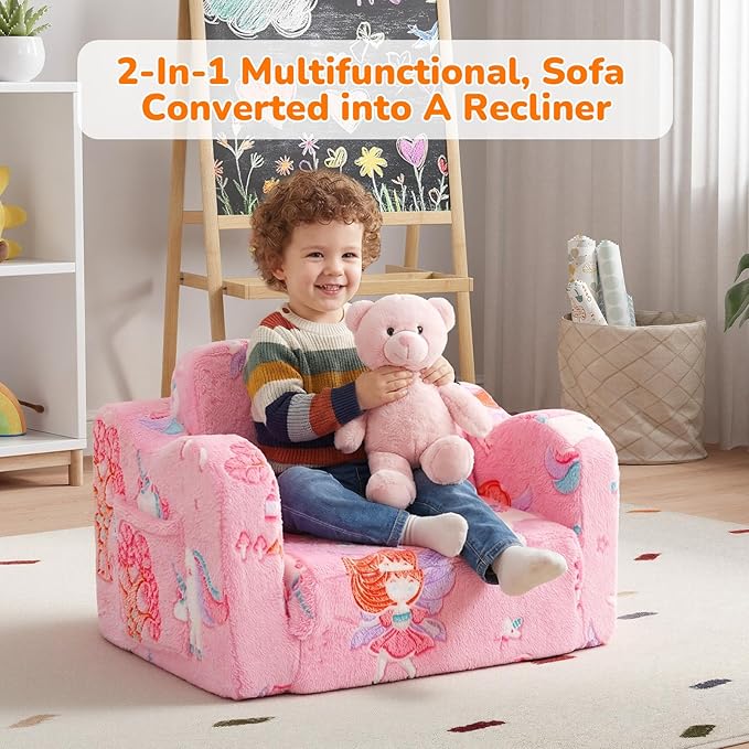 MeMoreCool Glowing Pink Fairy Kids Chair, 2-in-1 Fold-Out Kids Couch and Sofa for Girls Ages 1-3, Comfy Foam Lounger for Playroom Nursery with Glow in the Dark Design and Washable Cover | Reading, Relaxing