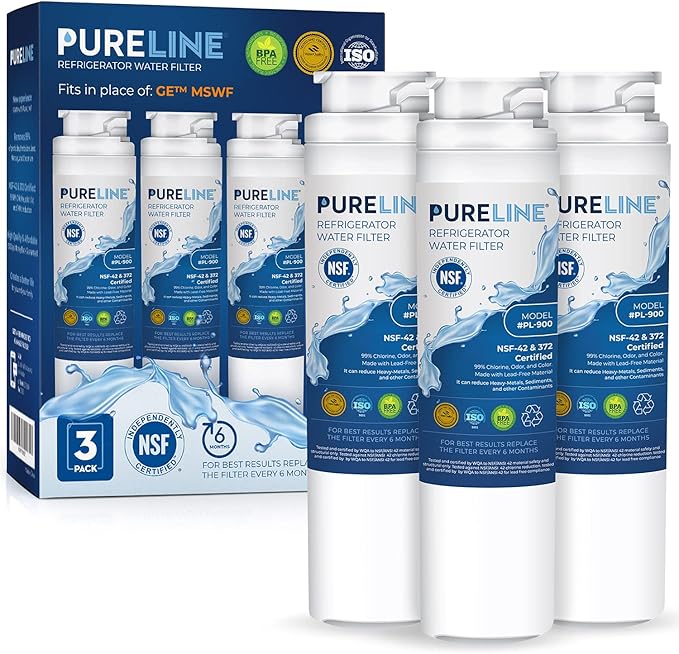 Pureline MSWF Replacement for GE MSWF, RWF1500A, 101820A, 101821B Refrigerator Water Filter - Reduces Bad Taste & Odor (3 Pack)