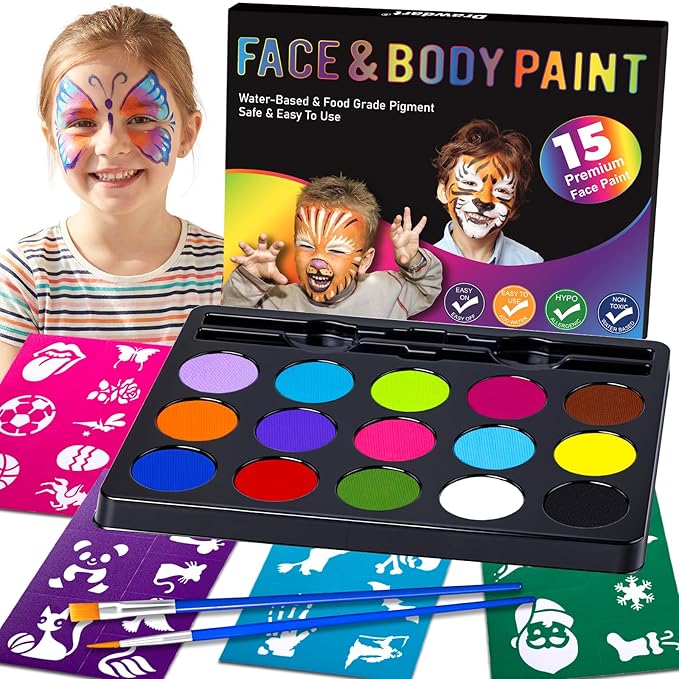 Face Painting Kit for Kids - 15 Colors Non-Toxic Water Based Face Paint with Stencils & Brushes - Parties, Birthdays, Halloween Face Body Makeup Kit