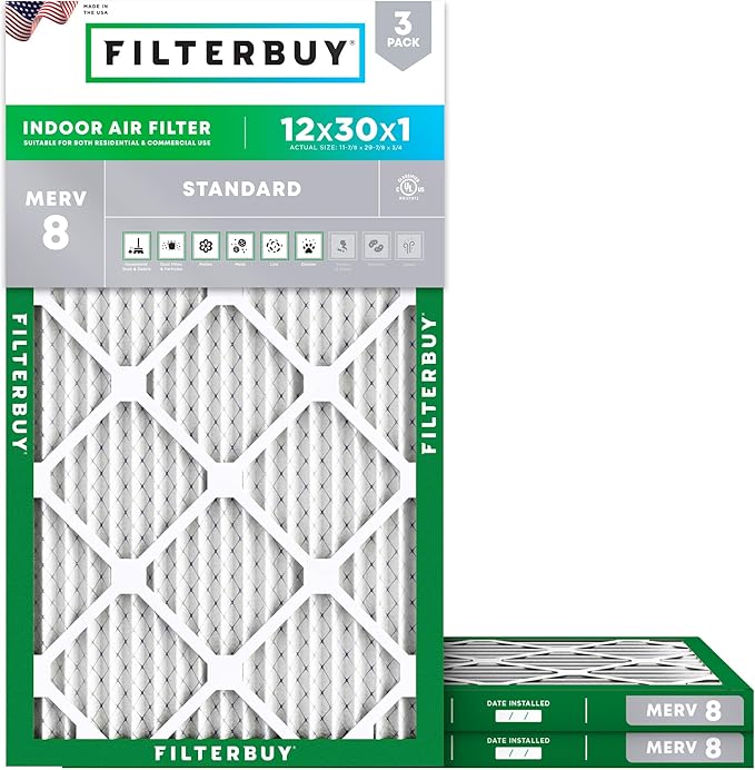 Filterbuy 12x30x1 Air Filter MERV 8 Essential Dust & Allergy Defense (3-Pack), Electrostatic Pleated HVAC AC Furnace Filters Replacement (Actual Size: 11.88 x 29.88 x 0.75)