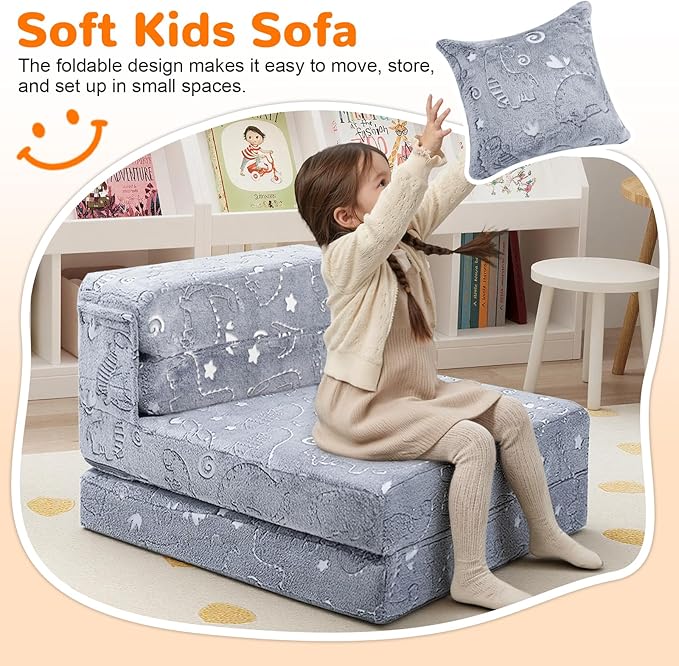 MeMoreCool Kids Floor Mattress Glow in The Dark, Convertible Sofa Couch, Folding Futon Chair Bed for Kids Playroom (Glowing Dinosaur)