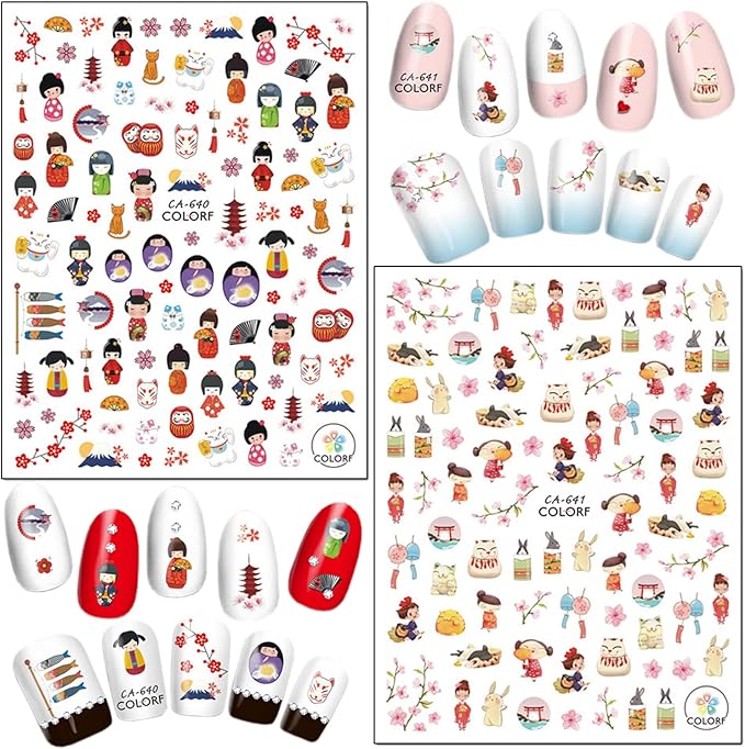 Japanese Style Nail Art Stickers, Cherry Blossoms Nail Art Decals 3D Self-Adhesive Flowers Nail Stickers Design Kimono Girl Mask Fan Nail Decal for Women Girls Manicure Decoration DIY Nail Sticker