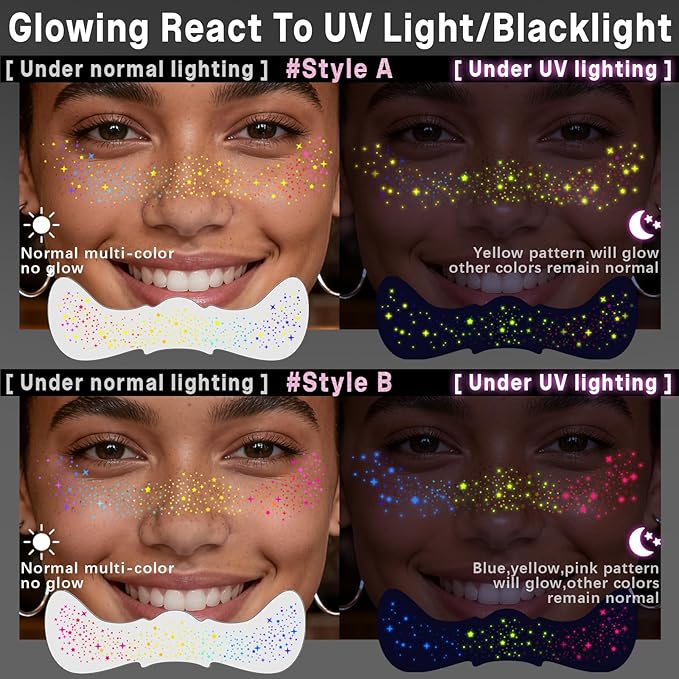 Noerrors 12pcs Rainbow Freckles Face Tattoo Sticker Glow under UV Light Blacklight in the Dark, Neon Fluorescent Glitter Colorful Fake Faux Freckle Temporary Patches Makeup for Party Supplies #01+02