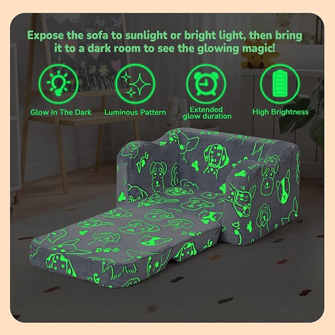 MeMoreCool Glowing Dog Print Kids Chair, 2-in-1 Foldable Kids Couch with Glow-in-the-Dark Design, Convertible Fold-Out Sofa Lounger for Playroom and Nursery, Washable Cover, Gift for Boys and Girls | Reading, Relaxing