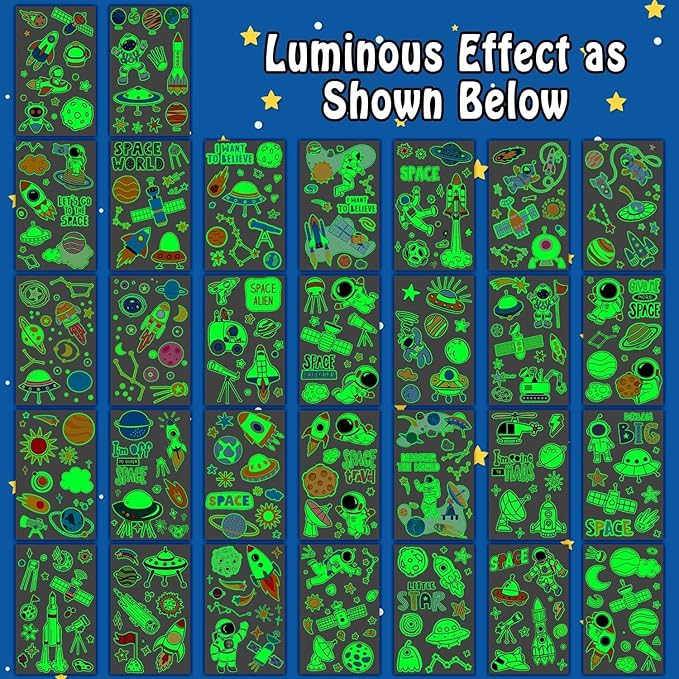 Partywind 290 Styles (30 Sheets) Luminous Space Tattoos for Kids Party Decorations, Glow Outer Space Party Supplies Favors with Astronaut/Rocket/Planet, Kids Games for Glow Party