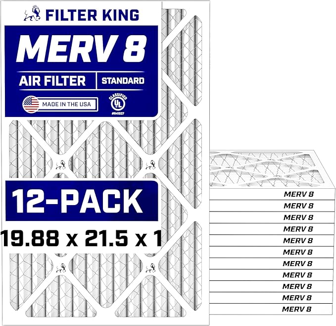 Filter King 19.88x21.5x1 Air Filter (MERV 8) (12-Pack) Dust & Allergy Control AC Furnace Filters, MADE IN USA, HVAC, Pleated, Electrostatic (Actual Size: 19.88 x 21.5 x .75)