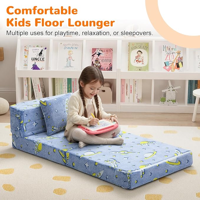 MeMoreCool Foldable Futon Chair Bed for Kids, Glow Tri-fold Sofa Bed Convertible Toddler Sofa Mattress, Foam Floor Couch for Sitting, Blue