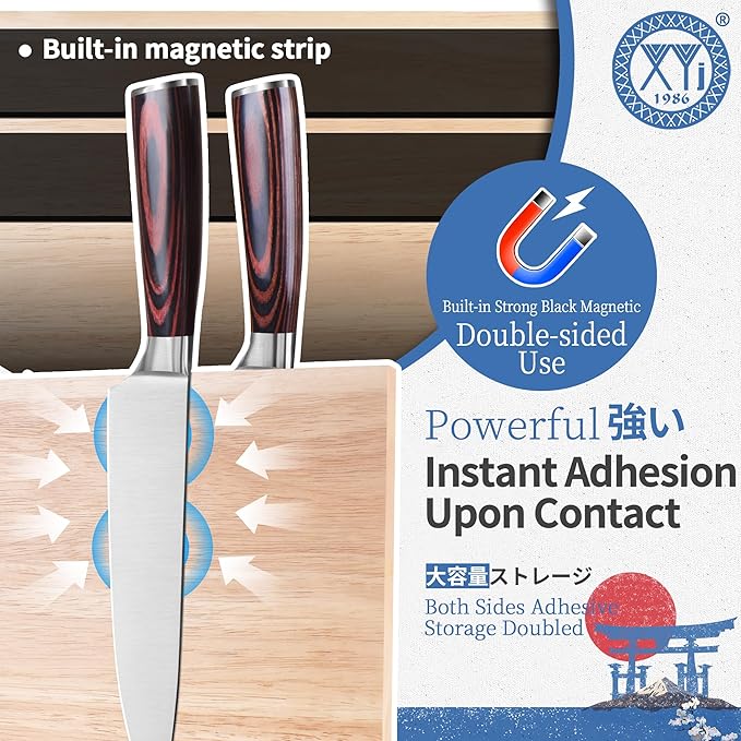 XYJ Magnetic Knife Block, Dual-Sided Magnets, Stable Countertop Knife Holder, Natrual Wood, Knives Organizer Tool, Kitchen Cutlery Display Stand without Knives