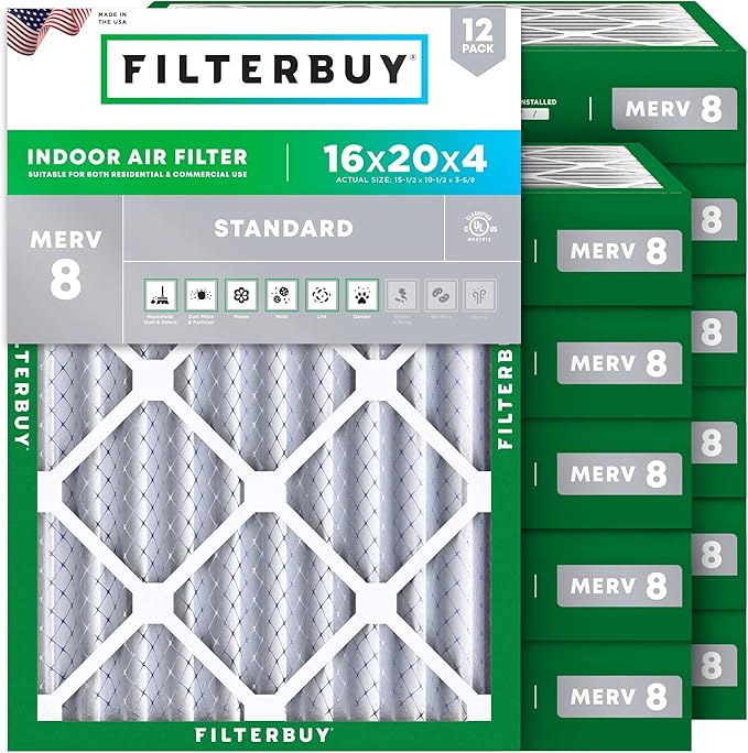 Filterbuy 16x20x4 Air Filter MERV 8 Essential Dust & Allergy Defense (12-Pack), Electrostatic Pleated HVAC AC Furnace Filters Replacement (Actual Size: 15.50 x 19.50 x 3.63)
