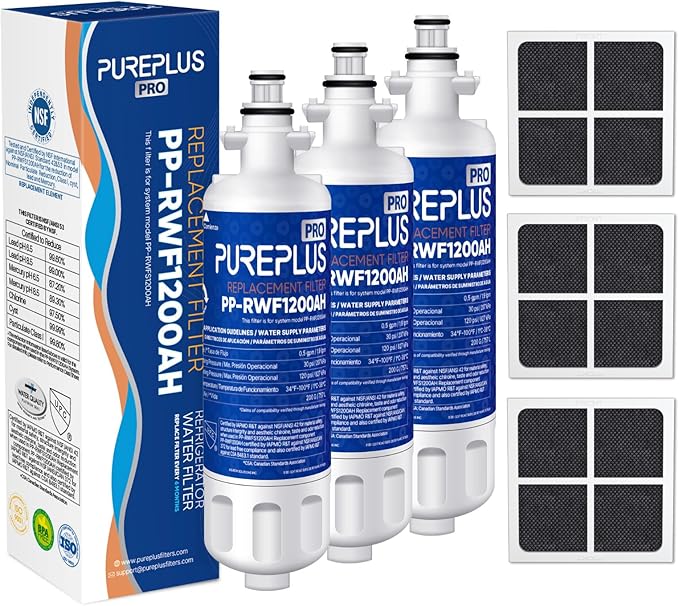 PUREPLUS LT700P NSF 53&42 Certified Replacement for LG ADQ36006101 Kenmore 469690, ADQ36006102, LFXS30766S, LFX28968ST, LFX31925ST, LFX31945ST, LT120F Refrigerator Water and Air Filter Combo, 3Pack