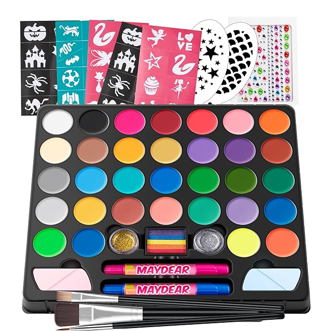 Maydear Face Painting Kit for Kids, 32 Colors Water Based Makeup Palette with Stencils, Glitters, Rainbow Split Cake, Hair Dye Clips, for Parties, Halloween, Safe Professional Face Body Paint Kit
