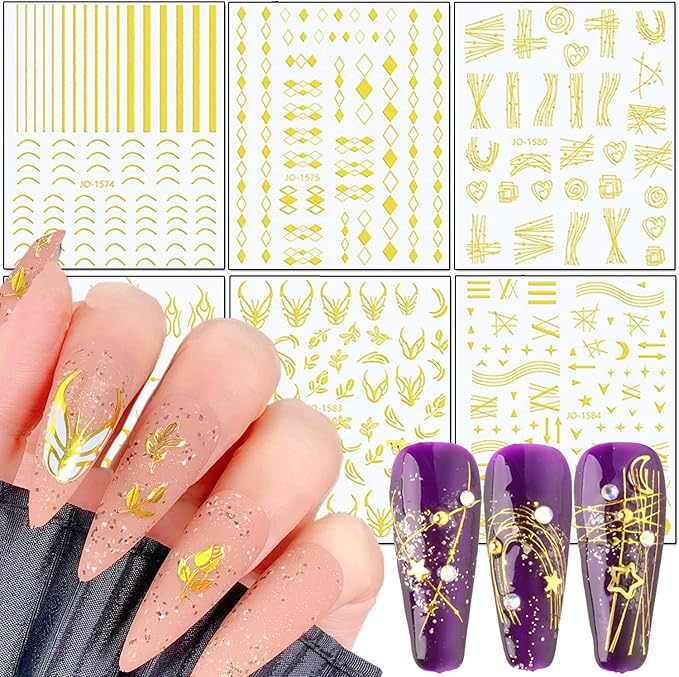 Gold Nail Art Stickers, 3D Self-Adhesive Decals - Wave Line Chains Flame Stars Flowers Leaf Sticker for Women Manicure Charms Decorations DIY Glitter Transfer Tips