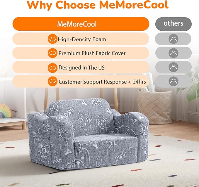 MeMoreCool Glowing Dog Print Kids Chair, 2-in-1 Foldable Kids Couch with Glow-in-the-Dark Design, Convertible Fold-Out Sofa Lounger for Playroom and Nursery, Washable Cover, Gift for Boys and Girls | Reading, Relaxing