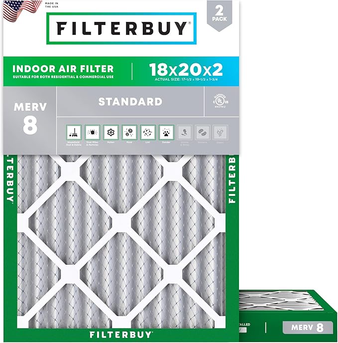 Filterbuy 18x20x2 Air Filter MERV 8 Essential Dust & Allergy Defense (2-Pack), Electrostatic Pleated HVAC AC Furnace Filters Replacement (Actual Size: 17.50 x 19.50 x 1.75)