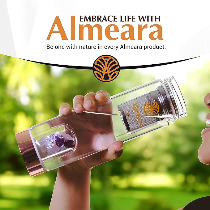 Almeara Crystal Water Bottle | Amethyst, Rose Quartz & Clear Quartz Crystals | Authentic Gemstones – Loose Leaf Tea infuser – Gem Elixir Infused Tempered Glass Water Bottle - Gift ready box - 16.9 oz