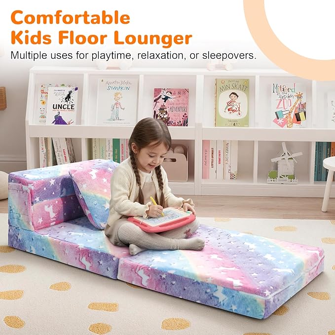MeMoreCool Glow Rainbow Unicorn Tri-fold Sofa Bed for Kids, Foldable Futon Mattress, Chair, and Floor Couch for Playroom
