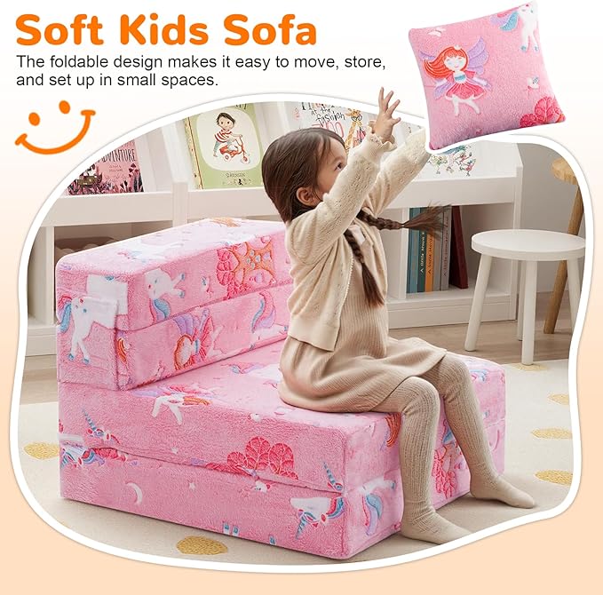 MeMoreCool Foldable Futon Chair Bed for Kids, Glow Tri-fold Sofa Bed Convertible Toddler Sofa Mattress, Foam Floor Couch for Sitting, Pink