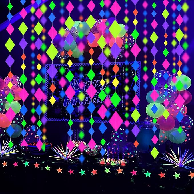 122feet UV Neon Streamers Glow Garland Hanging Paper Glow in The Dark Supplies and Decorations Blacklight Reactive Fluorescent Black Light Party Kit Neon Party Supplies for Birthday Wedding