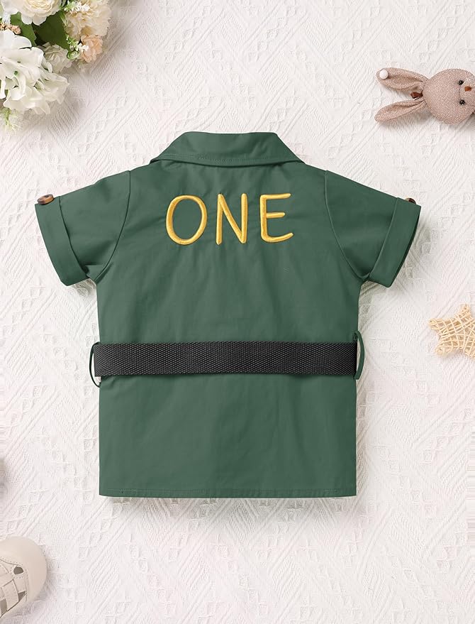 ODASDO Baby Boy Jungle Safari 1st Birthday Cake Smash Outfit Button Down Shirt + Shorts + Hat + Bandana + Belt 5pcs Set