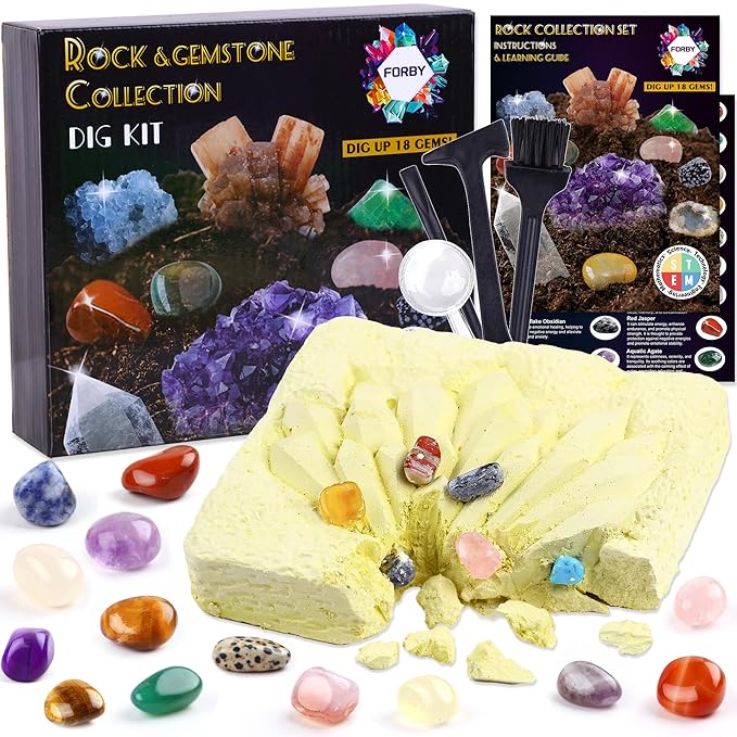 18PCS Natural Crystal Dig kit Dig Up Real Tumbled Polished Crystal Geode Cave Gemstones and Crystals Set, Gift Set for Women and Men Decoration