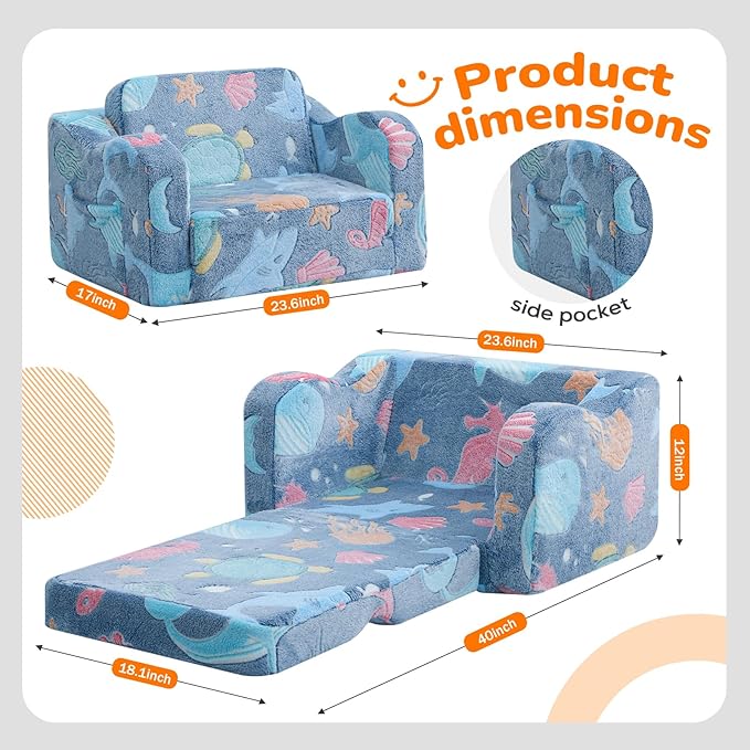 MeMoreCool Glowing Ocean Kids Chair - Glow-in-the-Dark 2-in-1 Kids Couch Fold Out to Lounger, Sea Life Foam Sofa with Seahorse Starfish Shell Print, Washable Cover for Ages 1-3 | Reading, Relaxing