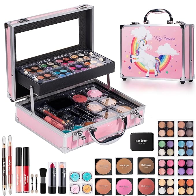 Hot Sugar Makeup Kit for Girls, Makeup Set with Reusable Train Case Includes Eyeshadow Palette, Blush, Lipstick, Lip Pencil, Eye Pencil