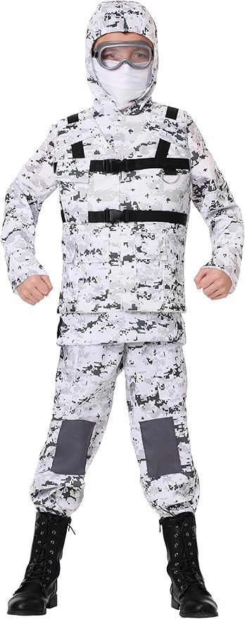 Kids Soldier Costume | Child White Snow Winter Camouflage Army Military Outfit and Accessories