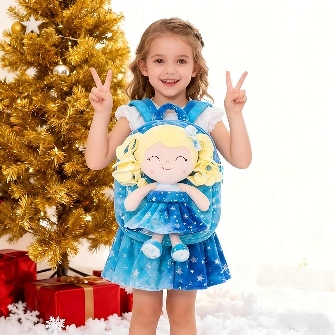 Gloveleya Toddler Backpack Baby Girl Gifts Plush Curly Girl Doll Backpacks Blue Dress with Glitter Stars 9 inches