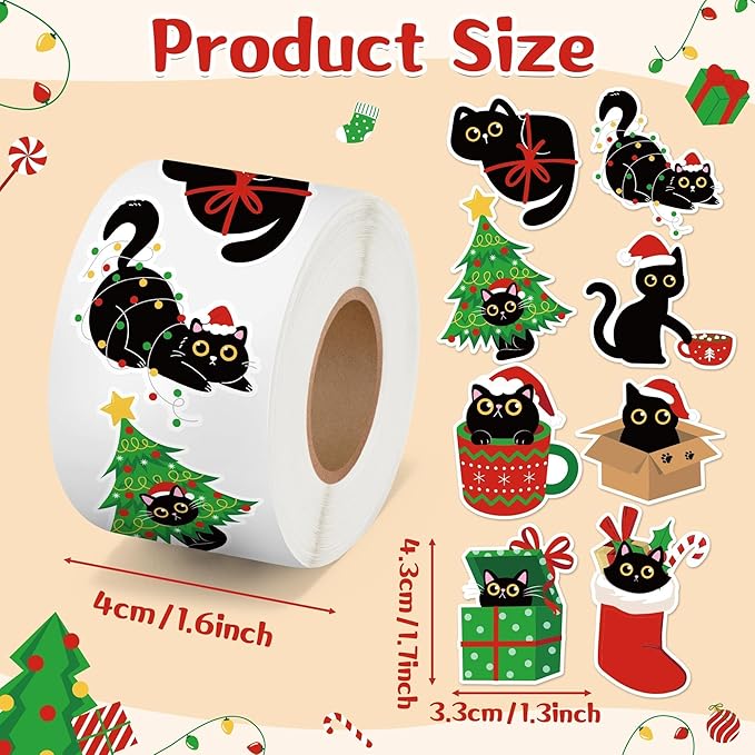 CNhoqc Christmas Black Cat Stickers - 2000Pcs (4 Rolls) Vibrant Christmas Cat Stickers Santa Hat Tree String Light Waterproof Vinyl Decals Gift Wrapping Laptop Party Supplies Travel Case Skateboards