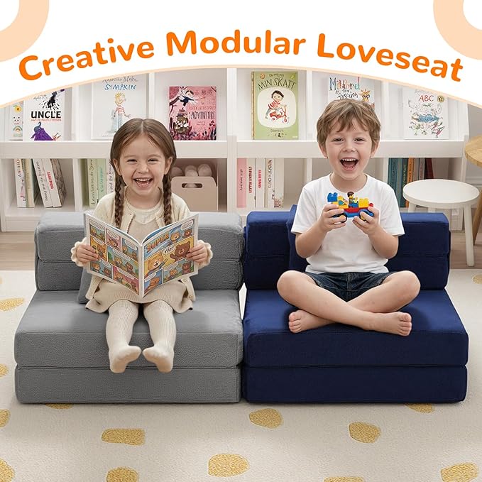 MeMoreCool Foldable Futon Chair Bed for Kids, Grey Tri-fold Convertible Toddler Sofa Mattress, Foam Floor Couch for Sitting