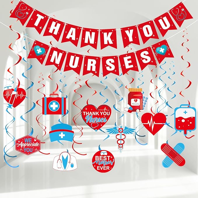 Thank You Nurse Banner and Hanging Swirl Set, Hanging Swirl Banner for Nurses Week Nurse Day Decoration Doctor Medical Themed Party Nurse Appreciation RN Graduation Party Decorations(Red)