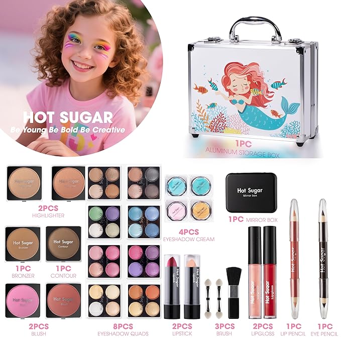 Hot Sugar Makeup Kit for Girls, Makeup Set with Reusable Train Case Includes Eyeshadow Palette, Blush, Lipstick, Lip Pencil, Eye Pencil
