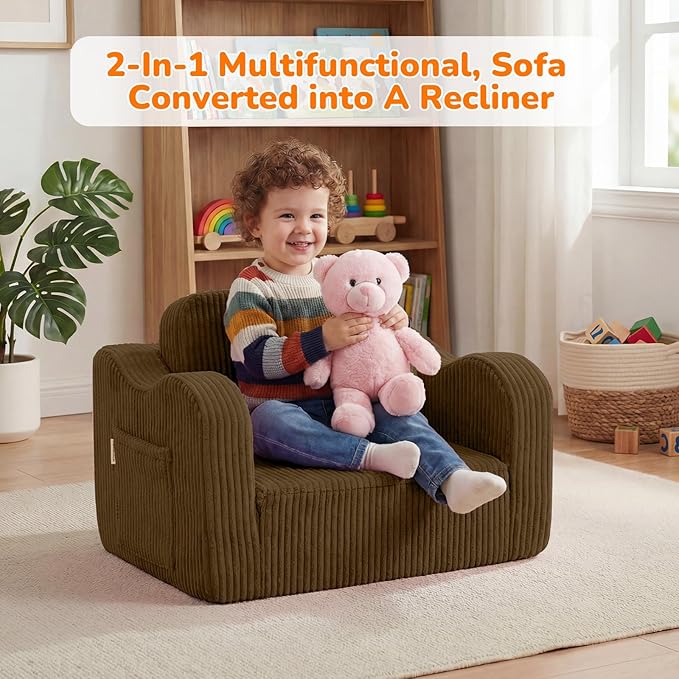 MeMoreCool Toddler Couch, 2-in-1 Corduroy Kids Couch Fold Out to Lounger, Comfy Toddler Chair for 1-3 Year Old, Soft Foam Kids Sofa with Washable Cover for Playroom and Bedroom, Brown