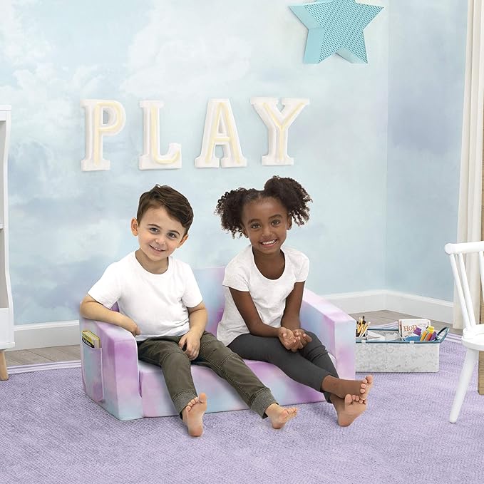 Delta Children Cozee 2-in-1 Sofa, 2-Seater Convertible Toddler Couch Sleeper, Wide 2-in-1 Flip Open Foam Chair for Playroom, Pet-Friendly, Bed Lounger, Comfy Play Sleeping Lounge Chair, Pink Tie Dye