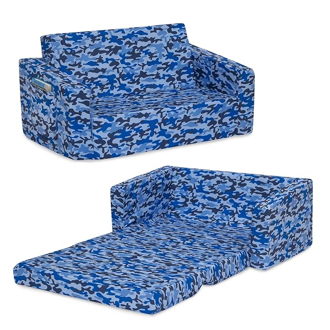 Delta Children Cozee 2-in-1 Sofa, 2-Seater Convertible Toddler Couch Sleeper, Wide 2-in-1 Flip Open Foam Chair for Playroom, Pet-Friendly, Bed Lounger, Comfy Play Sleeping Lounge Chair, Blue Camo