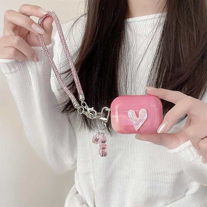 Pink Marble with 3D Raised Heart Silicone Case for AirPods Pro 3 (2025) - Cute Shockproof Cover with Detachable Long Neck Lanyard, Travel Keychain, MagSafe Compatible,for Women
