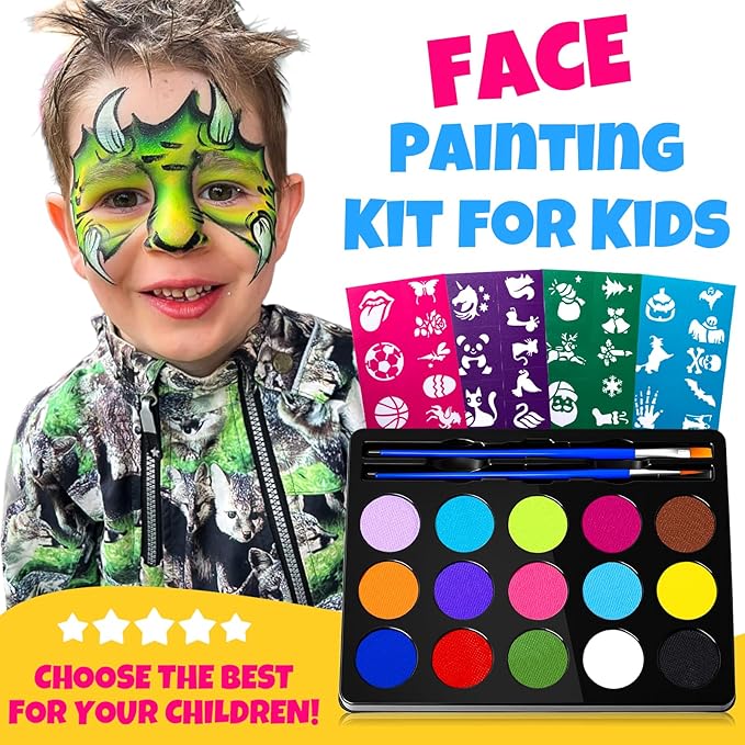 Face Painting Kit for Kids - 15 Colors Non-Toxic Water Based Face Paint with Stencils & Brushes - Parties, Birthdays, Halloween Face Body Makeup Kit