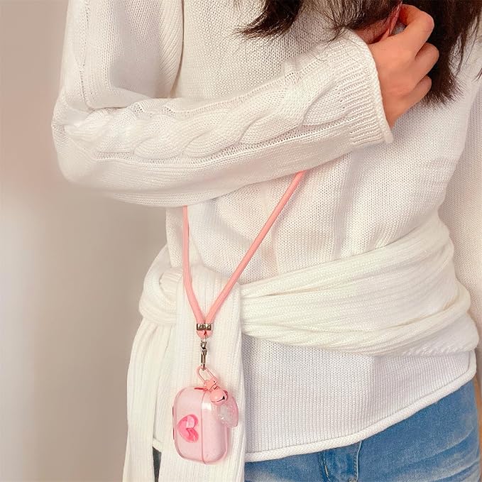 Pink Transparent Glitter with 3D Raised Heart Silicone Case for AirPods Pro 3 (2025) - Cute Shockproof Cover with Detachable Long Neck Lanyard, Travel Keychain, MagSafe Compatible,for Women