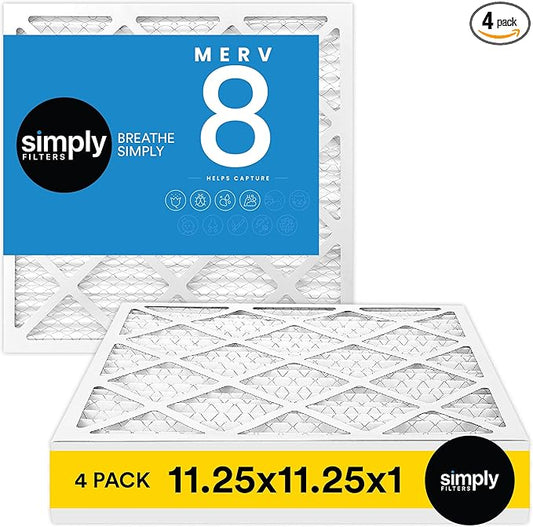 Simply 11.25x11.25x1 Air Filter, Merv 8, 4 Pack, For Home AC Furnace & HVAC (Actual Size: 11.25x11.25"x0.75") DUST, Pet, & Allergy Control