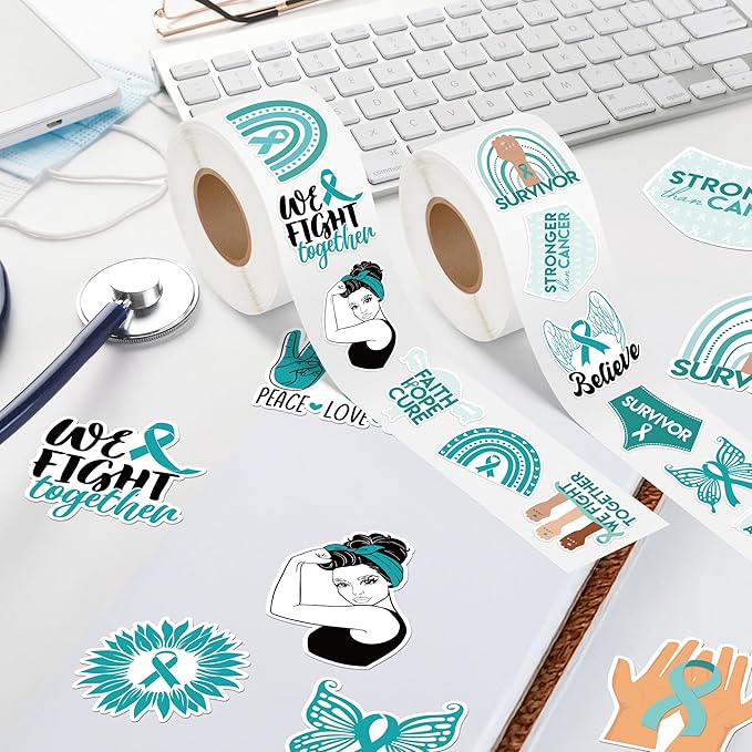 Ovarian Cancer Awareness Sticker - 1000 Pcs Teal Ribbon Sexual Assault Awareness Survivor Waterproof Vinyl Reusable Laptop Sticker Rolls Coloring Book Scrapbook Water Bottle Page Activity Pad