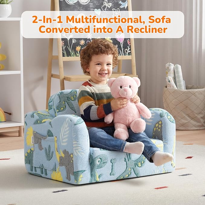 MeMoreCool Glowing Dinosaur Kids Chair, 2-in-1 Convertible Kids Couch Fold Out to Lounger, Glow-in-the-Dark Dino Sofa for Boys Ages 1-3, Soft Foam Flip-Out Seat with Washable Cover, Sky Blue | Reading, Relaxing