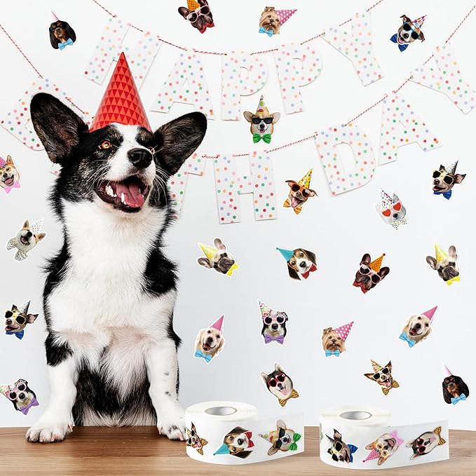 CNhoqc Puppy Birthday Sticker Rolls - 1000pcs Realistic Birthday Dog Hat Waterproof Vinyl Reusable Laptop Letter Stickers Self-Adhesive Scrapbook Water Bottle Greeting Cards Party Supplies Skateboard