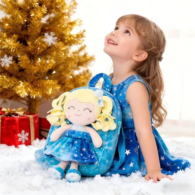 Gloveleya Toddler Backpack Baby Girl Gifts Plush Curly Girl Doll Backpacks Blue Dress with Glitter Stars 9 inches