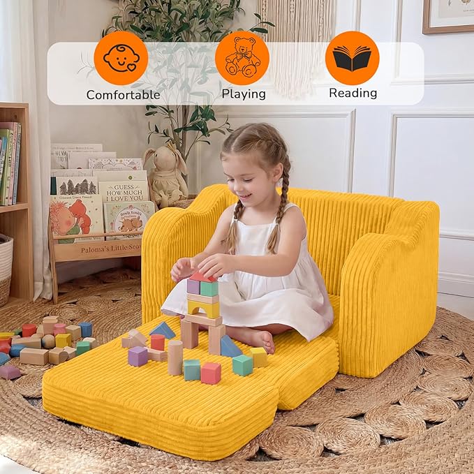 MeMoreCool Toddler Couch, 2-in-1 Corduroy Kids Couch Fold Out to Lounger, Comfy Toddler Chair for 1-3 Year Old, Soft Foam Kids Sofa with Washable Cover for Playroom and Bedroom, Mustard Yellow