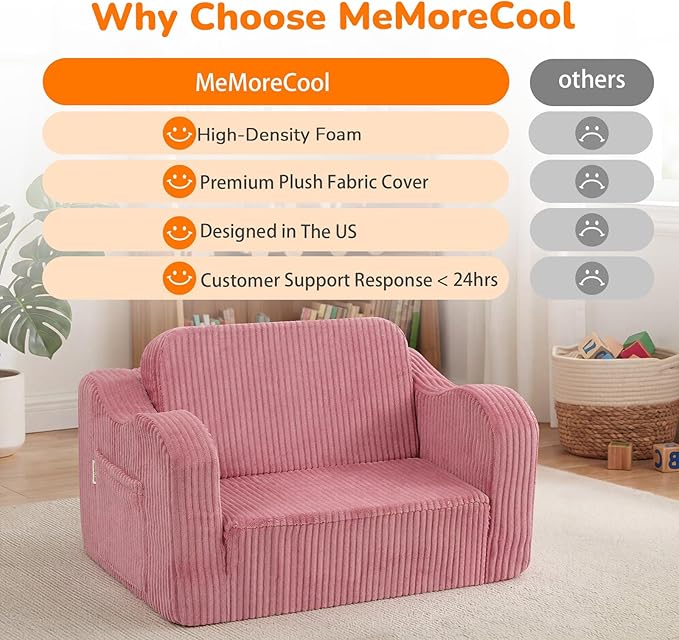 MeMoreCool Corduroy Pink Kids Chair, 2-in-1 Kids Couch Fold Out to Lounger for Girls, Comfy Foam Sofa for 1-3 Year Old with Washable Cover for Playroom and Bedroom | Playroom Seating