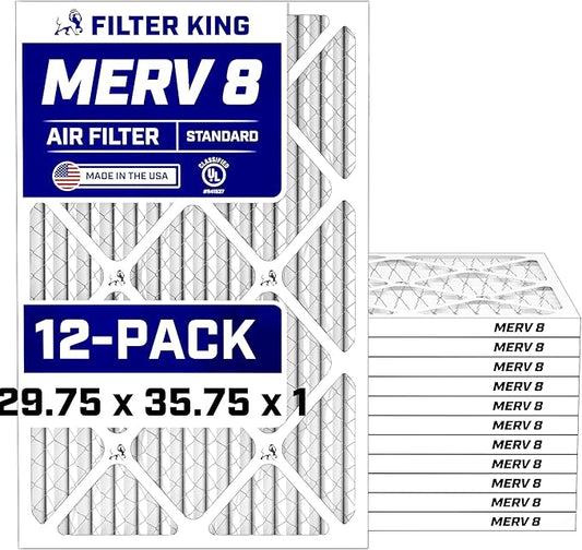 Filter King Air Filters 29.75x35.75x1 | 12 Pack | MERV 8 HVAC Pleated AC Furnace Filters | Air Purifier | Replacement Filters for Clean, Healthy & Fresh Environment | MADE IN USA